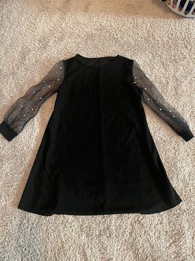 Black Long Sleeve Dress with Sheer Pearl-Accent Sleeves